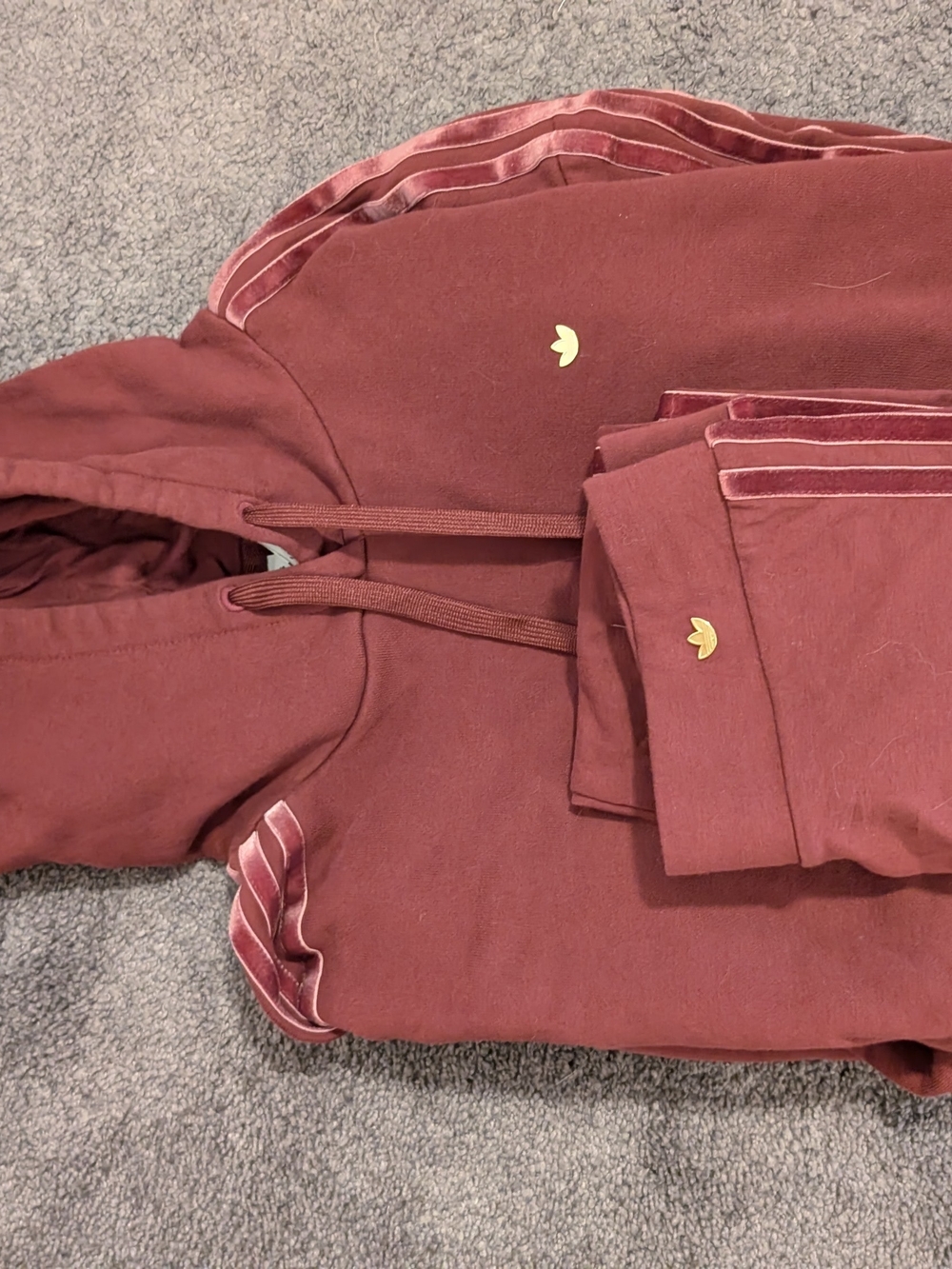 Adidas Maroon Velvet Trim Hoodie and Legging Set with Small Gold Trefoil, Small